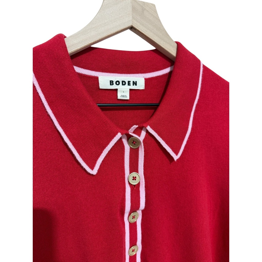 Boden Red Pink Trim Collared Knit Sweater Large Cotton Wool Blend Preppy Top - Picture 3 of 9